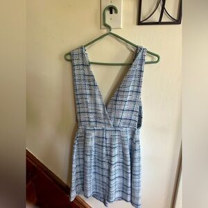 Zara Small Pinafore Overall Mini Dress Blue White Tweed Plaid Double Breasted